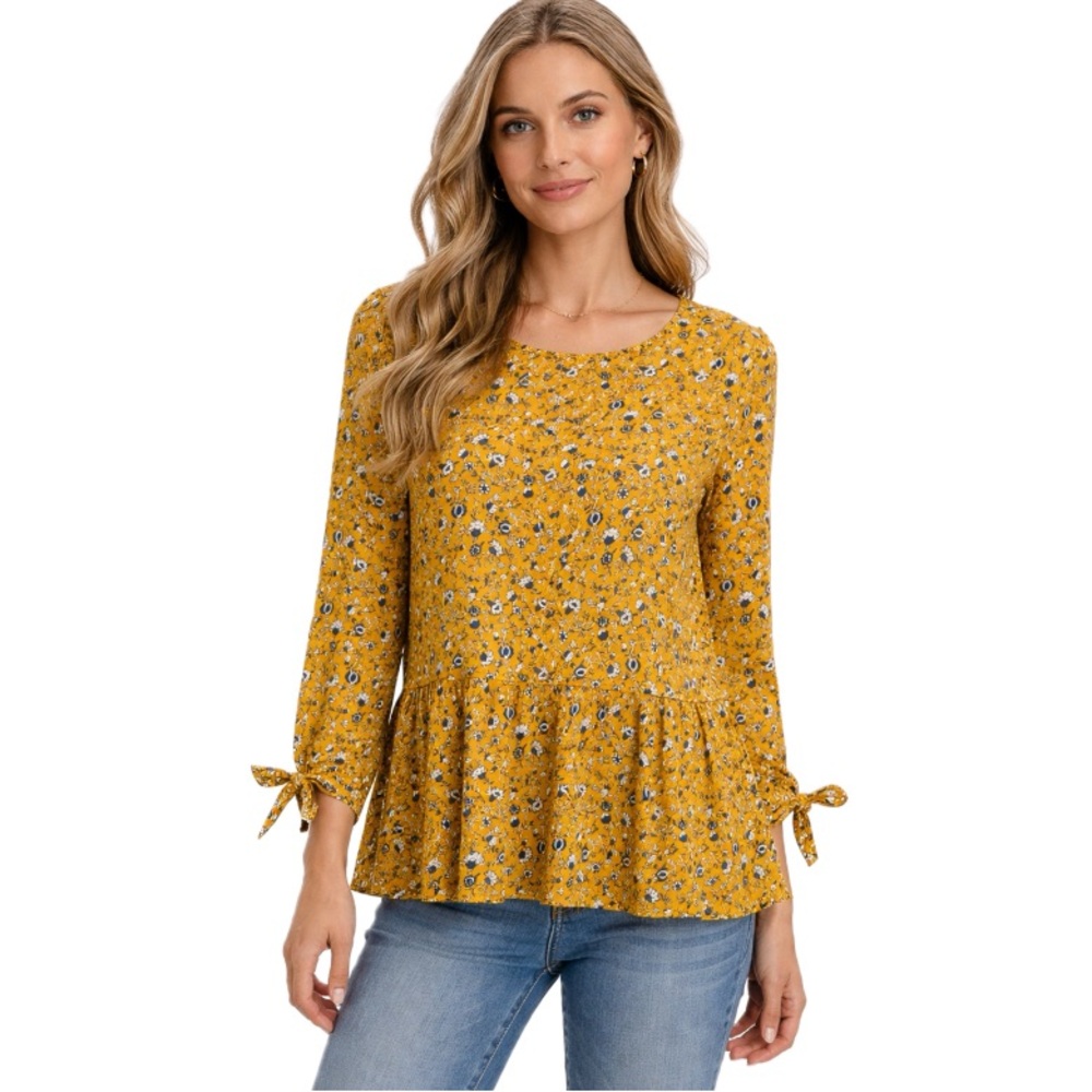 Braeve, Teegan Floral Peplum Blouse in Mustard Yellow and Blue, Size L